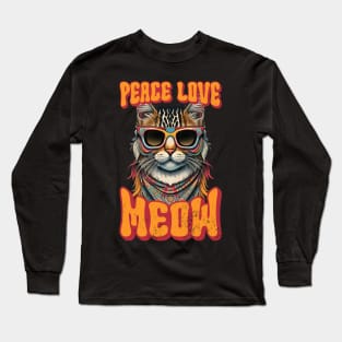 Peace Love Meow, Retro Groovy Style Hippie Cat Lover Design Long Sleeve T-Shirt